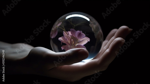 a person holding a glass ball