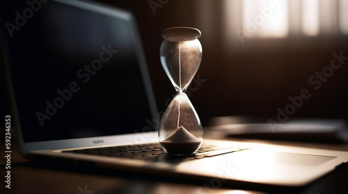 Hourglass on laptop computer concept for time management, Generative Ai