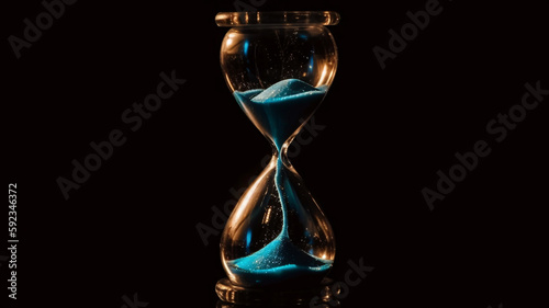 an hourglass with blue sand on a black background