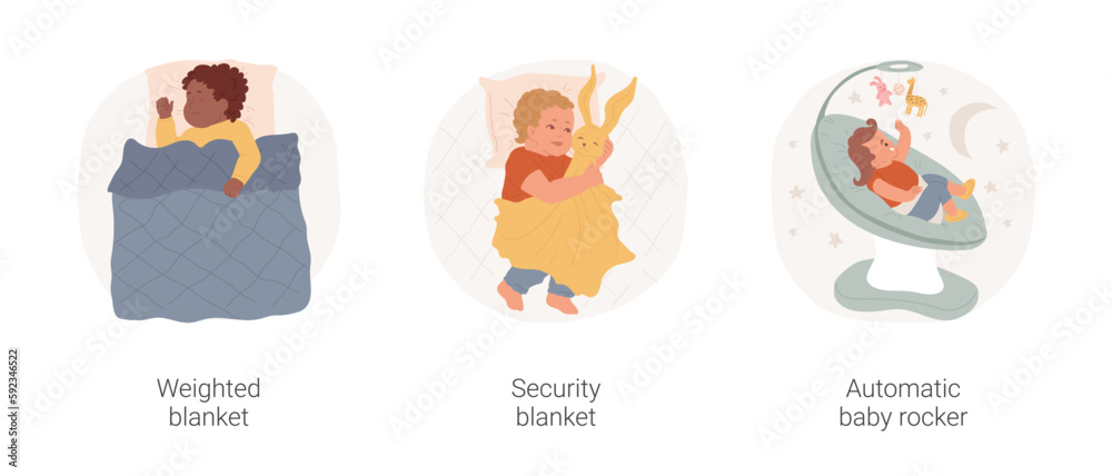 Newborn sleep products isolated cartoon vector illustration set. Infant under weighted blanket, put security blanket, automatic baby rocker, newborn bouncer chair, bedtime routine vector cartoon.