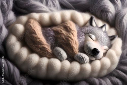 Realistic little wolf sleeping in wool  premium quality photography - generative ai