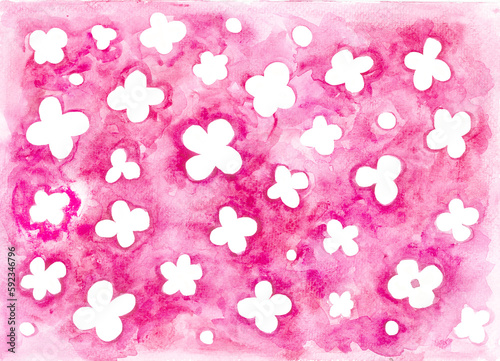 White flowers on a pink background. Watercolor blur. 