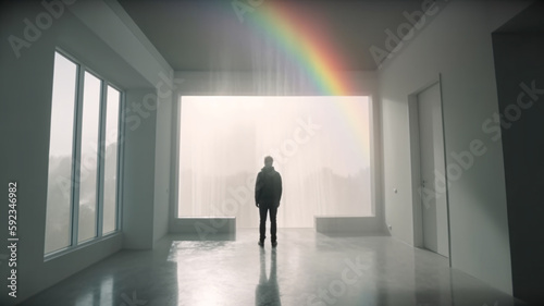 a person standing in a room with a rainbow in the background
