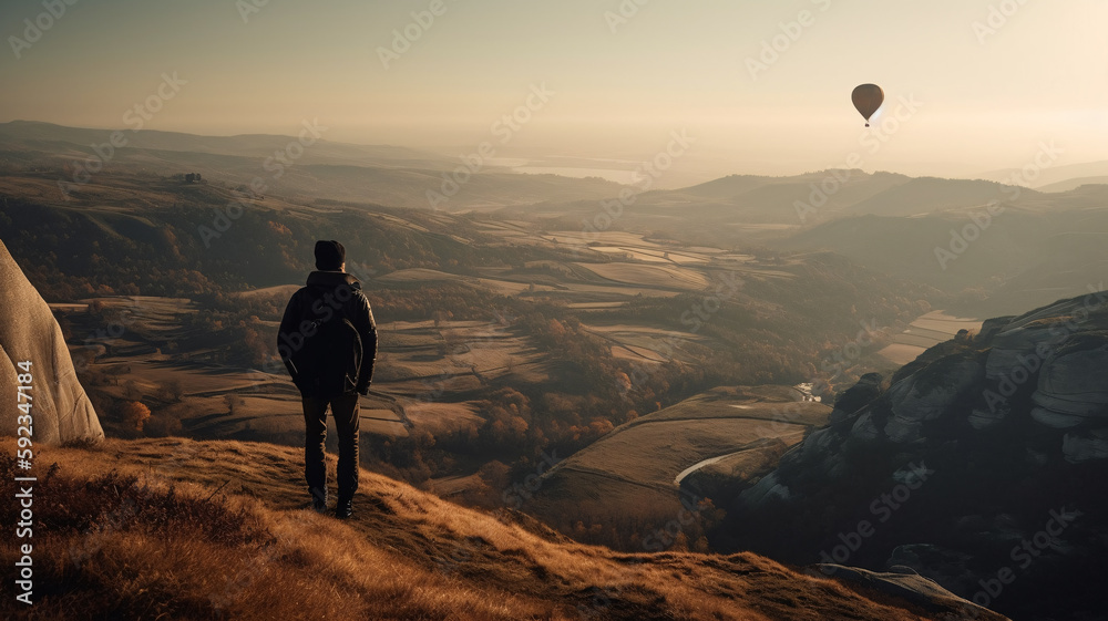 a man standing on top of a hill next to a hot air balloon