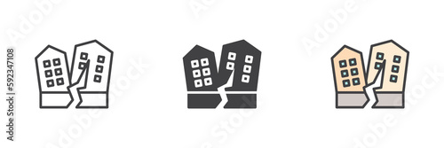 Earthquake damage buildings different style icon set