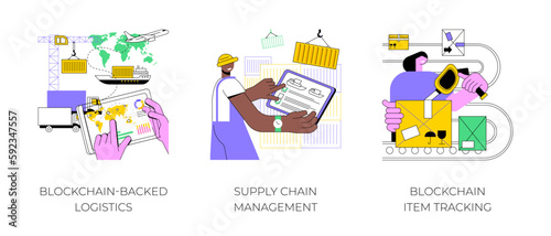 Blockchain technology in logistics isolated cartoon vector illustrations set. Person with tablet controlling transportation process, supply chain management, blockchain item tracking vector cartoon.