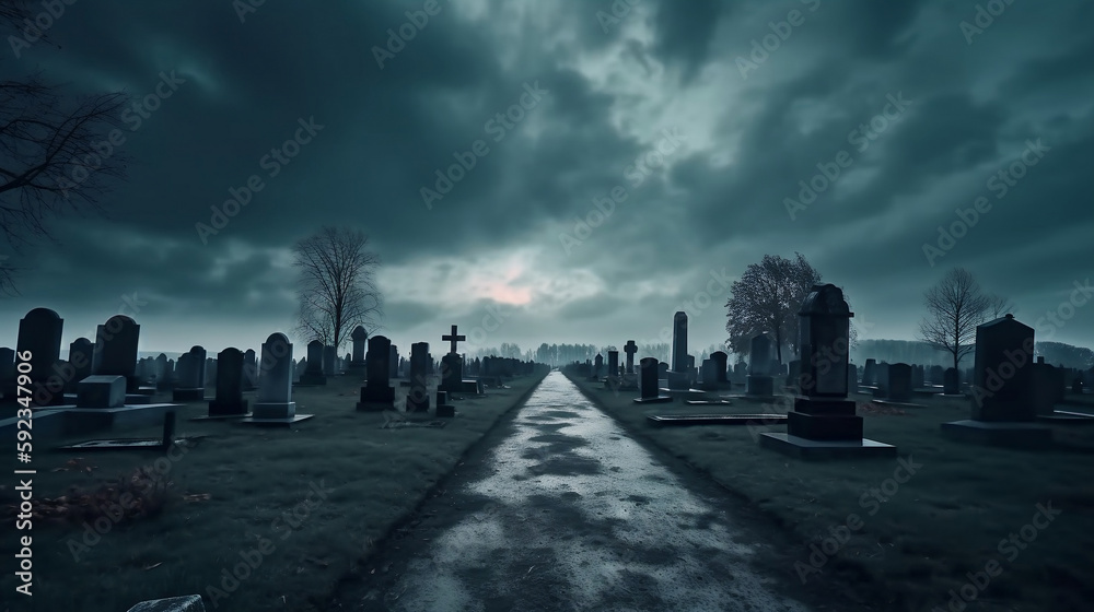 Cemetery or graveyard in the night with dark sky and white clouds. Haunted cemetery. Spooky and scary burial ground. Horror scene of graveyard. Funeral concept, Generative Ai - obrazy, fototapety, plakaty 