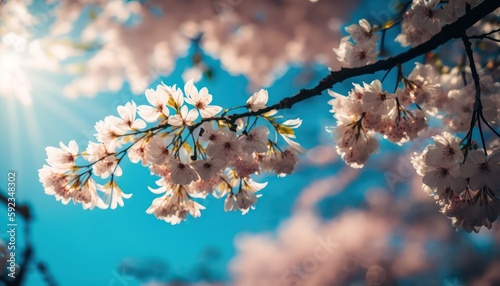 Cherry blossom with blue sky in the background with blurred effect. Generative AI.