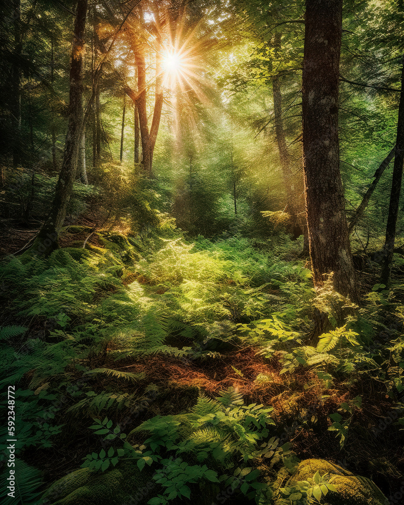 Fototapeta premium A lush green forest with ferns in stunning sunlight with sun rays - generative ai