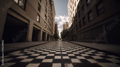 a black and white checkered street lined with tall buildings