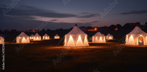 Glamping at night  glowing tents  nightlights.