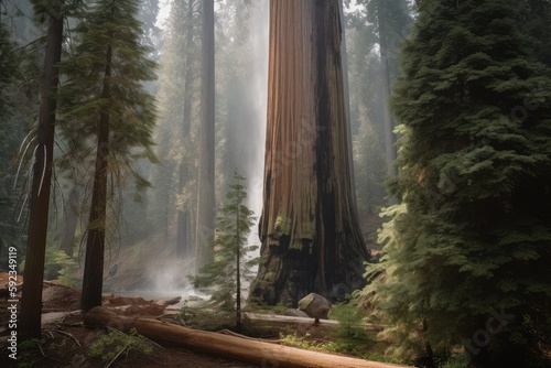 majestic sequoia with waterfall cascading down its trunk, created with generative ai