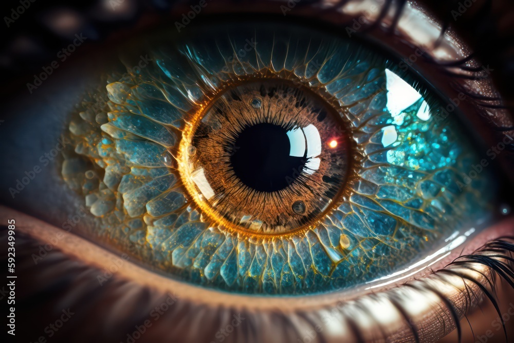 Extreme close up of an eye that is the mirror of the soul. Close up view of beautiful eye. Generative AI.