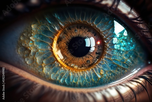 Extreme close up of an eye that is the mirror of the soul. Close up view of beautiful eye. Generative AI.