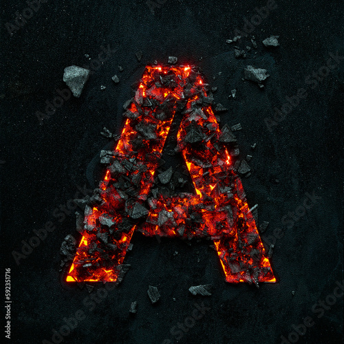 The burning capital letter A on a black background is made of hot coals.