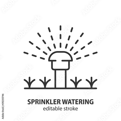 Automatic sprinkler system watering line icon. Garden irrigation vector outline illustration. Smart farming symbol. Editable stroke.