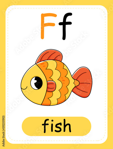Alphabet card for children with the letter F and goldfish. Educational card for kids. The word fish, the English alphabet. Vector illustration.
