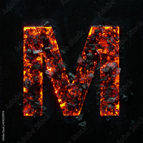 The burning capital letter M on a black background is made of hot coals.