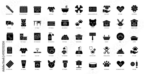 Pet Grooming Glyph Icons Animal Pets Icon Set in Glyph Style 50 Vector Icons in Black