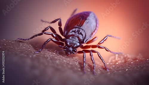 Infected tick on human skin. Ixodes lyme ricinus mite. Dangerous biting insect macro photo. AI generation © Adin