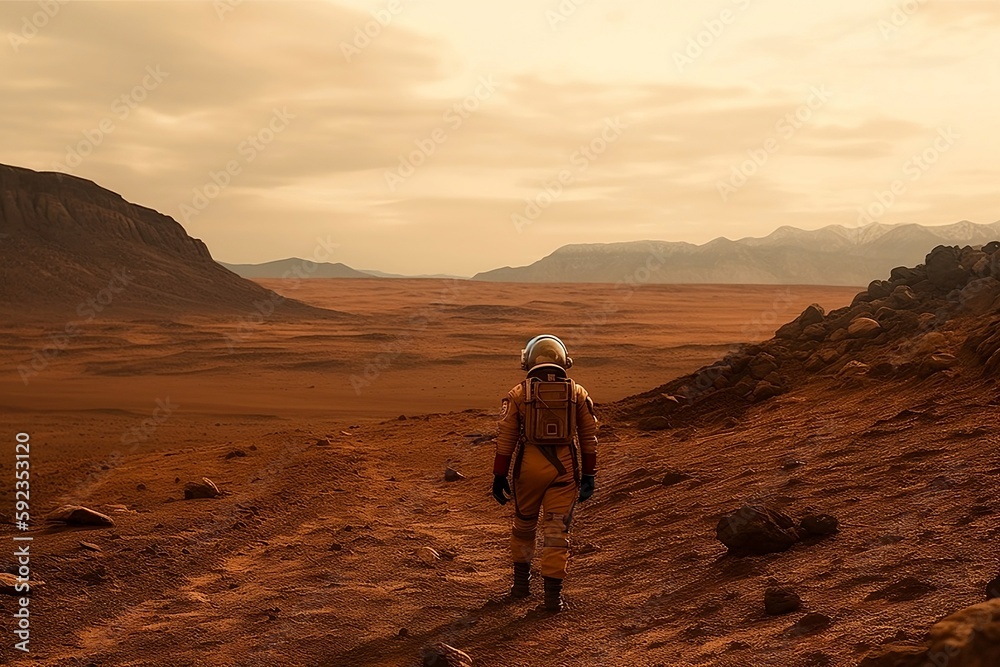 Astronaut walking on mars, space travel, the red planet, Generative AI