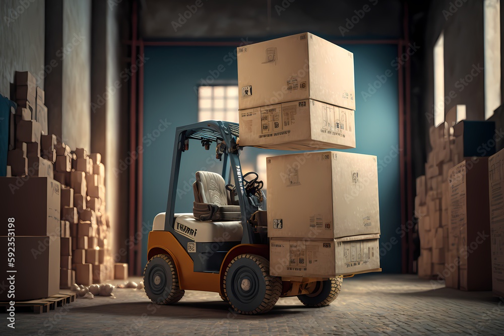 Concept banner center of logistic storage. Forklift with box working in Warehouse industrial premises for storing materials and wood. Generation AI
