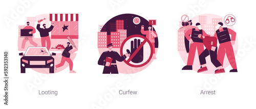Public protest abstract concept vector illustration set. Looting and curfew, arrest, street action, stolen goods, meeting and vandalism, riot police, violence and crime, detention abstract metaphor.