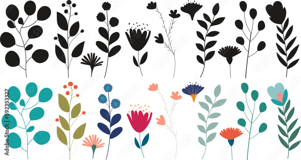 set of flowers, plants silhouette on white background, vector
