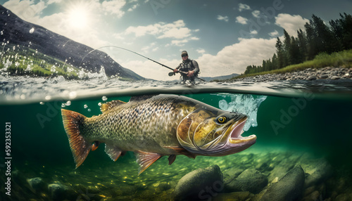 Sport fishing, Predatory fish salmon trout under water and fisherman. Generation AI