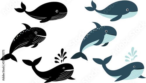 set silhouette of whales on white background, vector