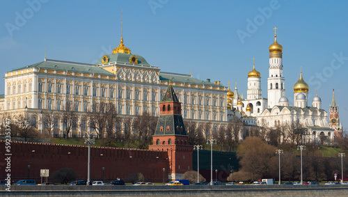 The Grand Kremlin Palace and temples of the Moscow Kremlin on a sunny April day