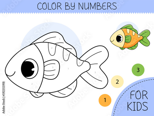 Color by numbers coloring page for kids with fish. Coloring book with cute cartoon fish with an example for coloring. Monochrome and color versions. Vector illustration.