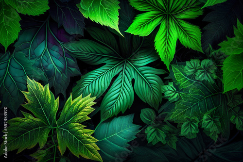 Realistic Green Leafy Nature Background Illuminated By The Sun - Generative AI