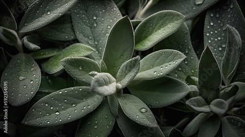 Clary sage herb natural green leaves with water drops on black background. Close up