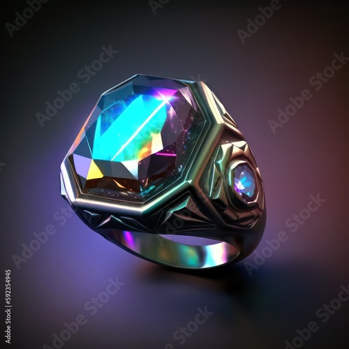 Magical ring metallic dimly shining gemstone. Fantasy gemstone ring in 3d style. Generative AI.