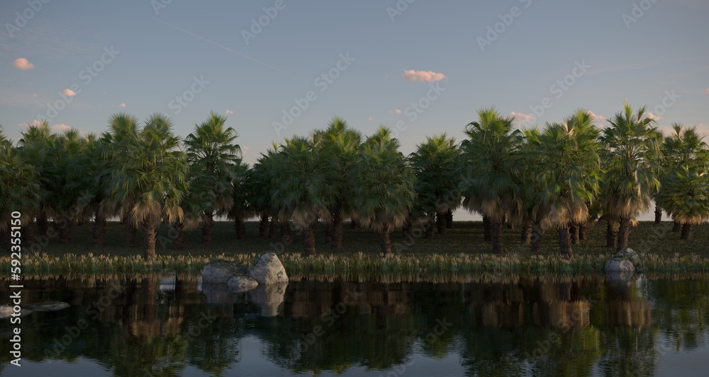 tropical jungle on the river bank, 3D illustration, cg render
