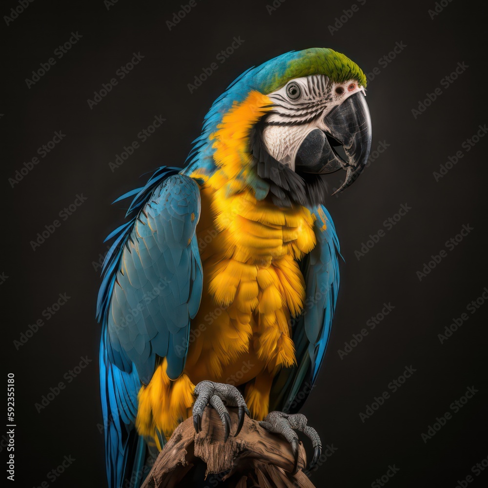 Blue macaw full body portrait of ultra details. Generative AI.