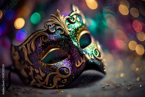 Carnival mask with sequins on the background of bright multi-colored lights © Vladyslav  Andrukhiv