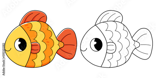 Goldfish coloring book with coloring example for kids. Coloring page with fish. Monochrome and color version. Vector children's illustration. © Ekaterina Chemakina