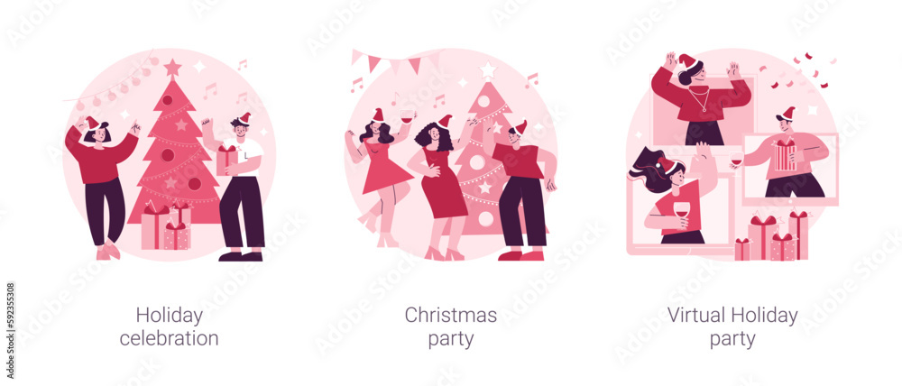 Winter holiday tradition abstract concept vector illustration set. Holiday celebration, christmas party, virtual holiday party, home decoration, corporate event, online greeting abstract metaphor.