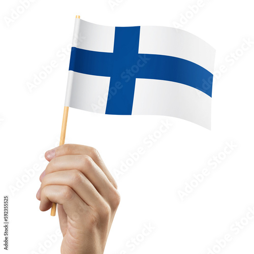 Hand holding flag of Finland, cut out