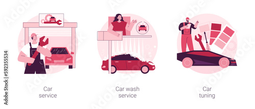 Vehicle maintenance business abstract concept vector illustration set. Car service, vehicle automatic wash, automobile style and design tuning, sports car repair, 24 hours service abstract metaphor.