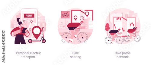 Urban transportation abstract concept vector illustration set. Personal electric transport, bike sharing application, cycling path network, city map, eco-friendly traffic abstract metaphor.