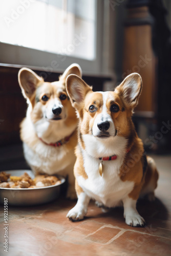 Curious Corgi dog looking at the camera in home. Adorable pet. Waiting for the over. Dog food. Love for animals