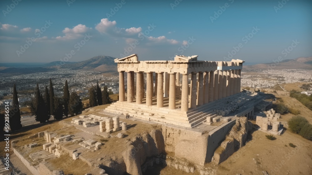  An aerial view of the Parthenon, with the columns, pediments, and sculptures set against a bright blue sky and the Acropolis in the background, 8k, photography, hyperrealistic, generative ai