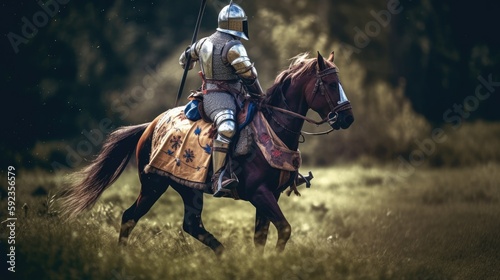  An anonymous knight in shining armor, riding his horse into battle at the Battle of Crecy in France in 1356, in the style of a medieval illuminated manuscript, 8k, photography, generative ai