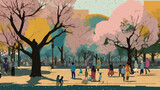 Blooming Park: A Digital Painting of People Enjoying Cherry Blossom Trees in Everyday Life