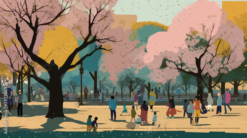 Blooming Park: A Digital Painting of People Enjoying Cherry Blossom Trees in Everyday Life