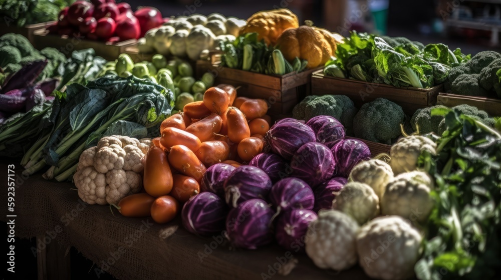 A group of fresh produce at a farmers market. Generative AI. 