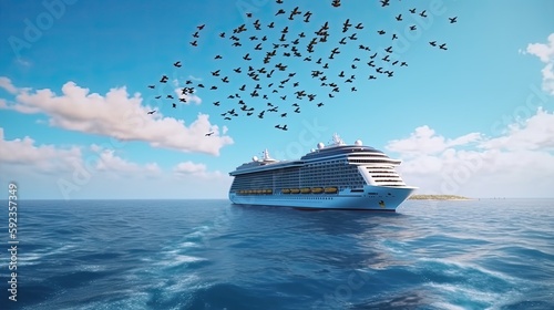 cruze ship on big ocean view, sunny day, birds on sky, 8k, vacation trip, hyperrealistic, photography, generative ai photo